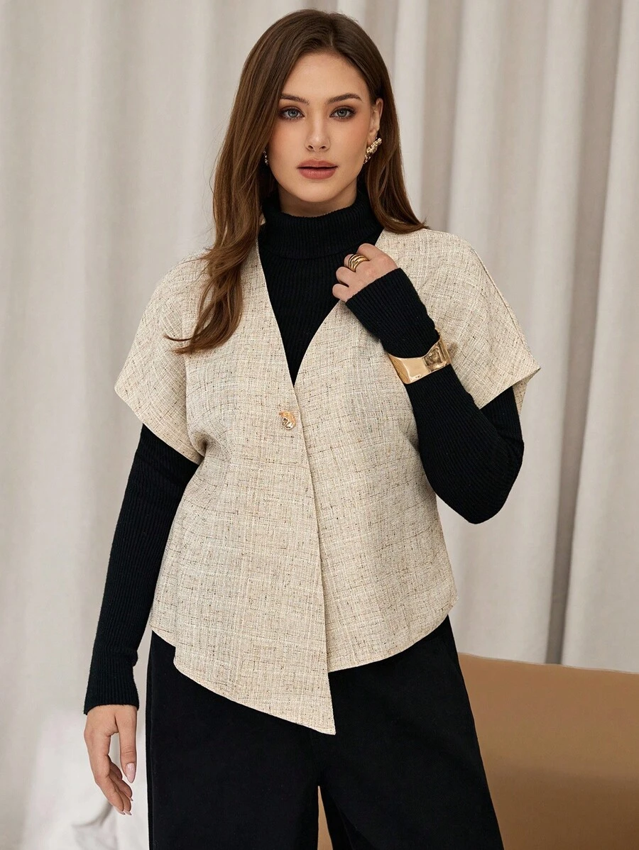 Auralis 大码女式单扣蝙蝠袖宽松休闲衬衫 - 杏色 - 查看 1