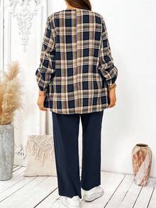 Linhara 2pcs Layered Collar Button Plaid Top & Textured Wide Leg Pants Set - Navy Blue - View 2