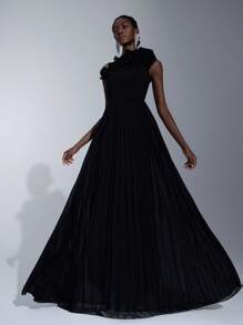 Elitara 褶皱不对称领口荷叶边晚礼服女士正式舞会礼服，黑色优雅舞会婚礼宾客礼服，适合毕业典礼、晚宴派对礼服 - 黑色 - 查看 6