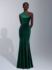 Elitara Asymmetrical Neck Mermaid Hem Velvet Bridesmaid Dress, Elegant Formal Evening Prom Wedding Guest Gown, For Graduation, Dinner Party Dress