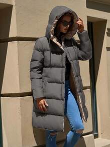 RueChic Two-Tone Hooded Pocket Zip Front Mid-Length Padded Coat - Grey - View 5