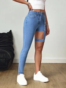 SHEIN Tall Asymmetric Length Tie-Up High Waist Skinny Jeans - Medium Wash - View 4