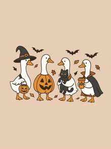 INAWLY Camiseta de manga corta con estampado de dibujos animados de Halloween para mujer - Albaricoque - Ver 5