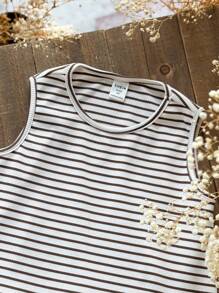 SHEIN Young Girl Loose Casual Minimalist Comfortable Round Neck Striped Sleeveless Patchwork Ruffle Hem Dress, Striped Camisole Dress, Suitable For School, Home, Outdoor Sports, Beige Dress, Striped Dress, Vacation Dress, Matching Mother And Daughter School Girls Clothes  Toddler Girl Fall Clothes