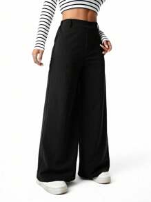 SHEIN Sparklyn Quần ống rộng màu trơn thanh lịch cho bé gái tuổi teen - màu đen - Xem 7