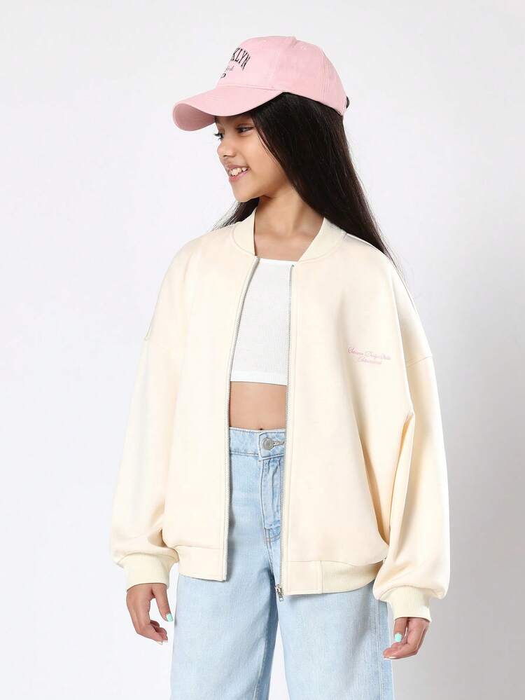 Oversized Bomber Jacket With Zipper Front And Ribbed Trim