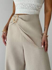 Firerie Quần váy mùa hè mới thanh lịch đơn giản thời trang đi làm vải lanh kỳ nghỉ phụ kiện kim loại quấn phía trước vải lanh sợi tre chất liệu màu mơ - Màu be - Xem 5