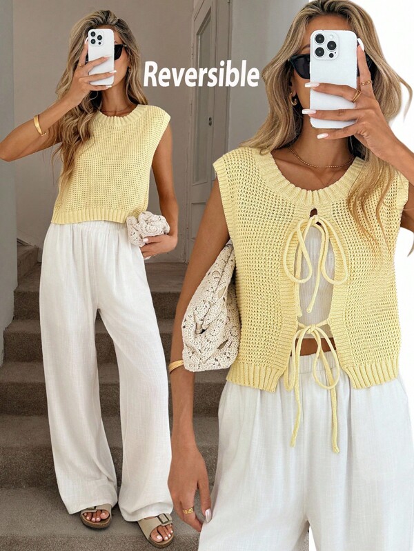 Easowa Fall Women Clothes Cream-Yellow Knit Vest, Reversible With Tie-Back Yellow Knit Top Womens Knit Top Light Yellow Knit Top Cute Yellow Top Summer Knit Top Back To School Fall Women Sweaters Fall Sweaters Women Sweaters Knit Sweater Cute Tops School Winter Tops