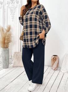 Linhara 2pcs Layered Collar Button Plaid Top & Textured Wide Leg Pants Set - Navy Blue - View 3