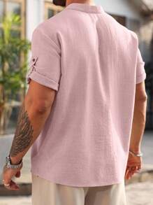 Manfinity Homme 大码男士休闲纯色短袖宽松衬衫，夏季 - 粉色 - 查看 2