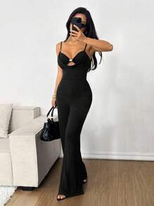 SHEIN EZwear 女式纯色低胸镂空喇叭性感连体裤