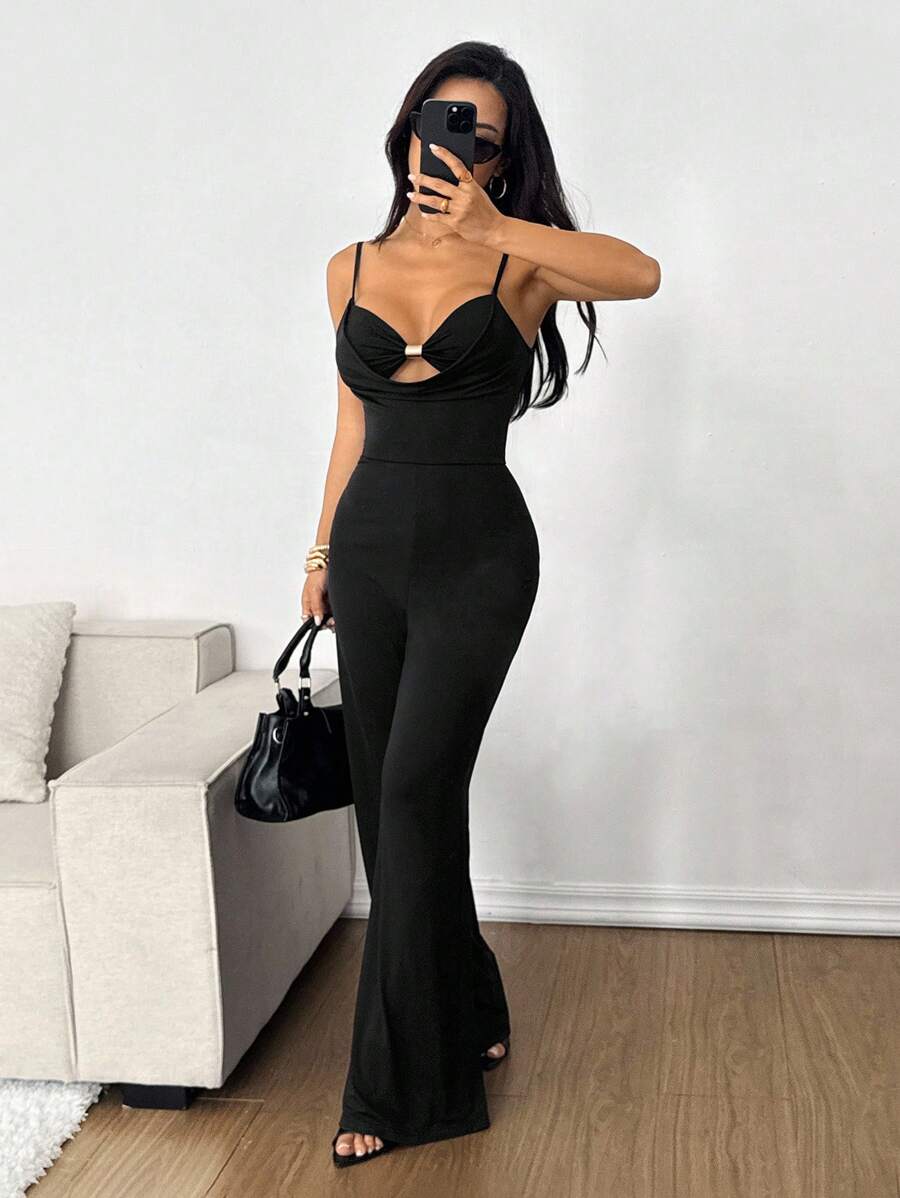 SHEIN EZwear 女式纯色低胸镂空喇叭性感连体裤