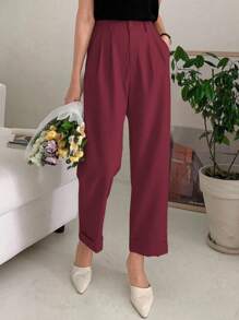 SHEIN Cottnline بنطلون نسائي كاجوال بجيوب مائلة وطيات مطوية، لون أحادي، مناسب للتنقل اليومي - عنابي اللون - مشاهدة 2