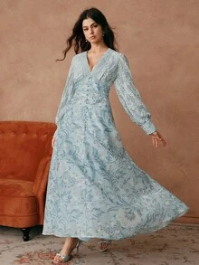 SHEIN Unity 女式 V 领蕾丝拼布蓝色花卉印花浪漫长裙，夏季 - 藍色 - 查看 7
