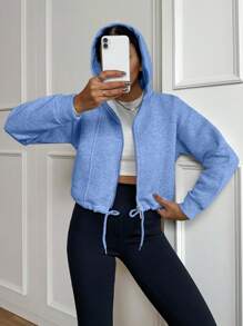 SHEIN Cottnline Women's Solid Color Drawstring Hoodie - Grey - View 4