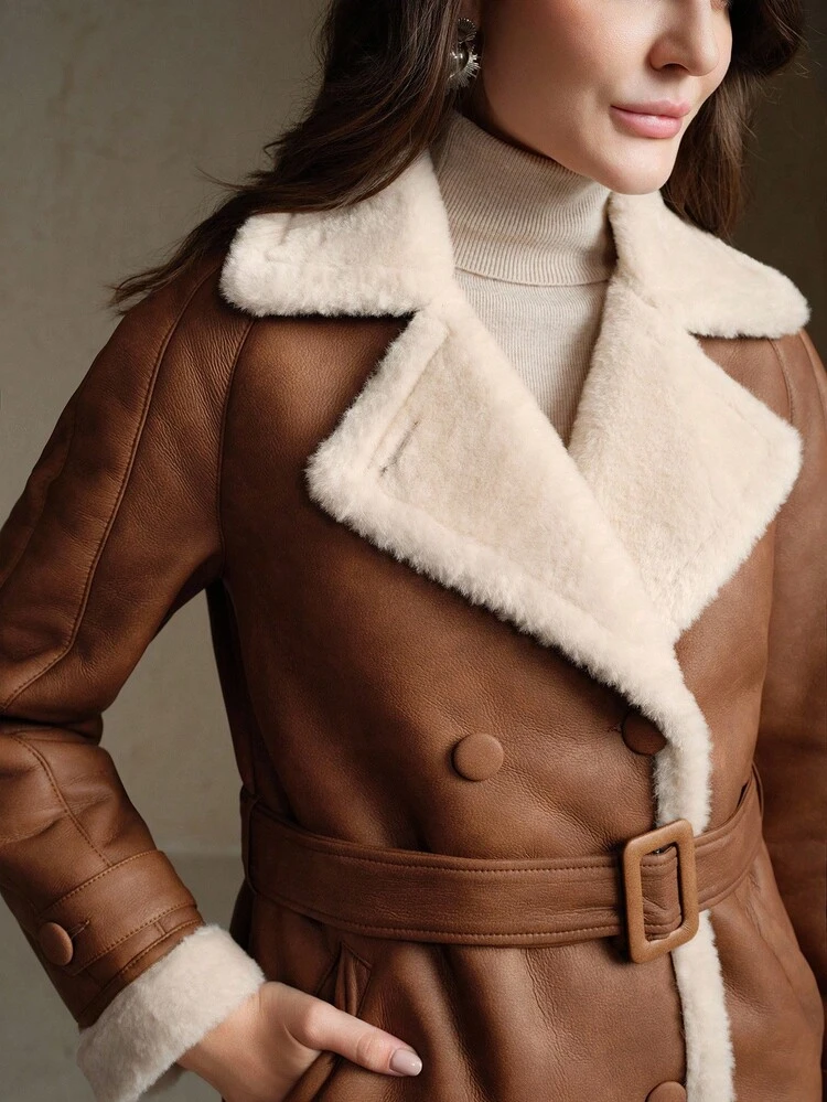 Anewsta Women's Winter Coat, Brown Dual-Tone Vintage Leather Collar Double-Breasted Fashionable Elegant Belted Faux Fur Lined Jacket, Suitable For Christmas And Winter