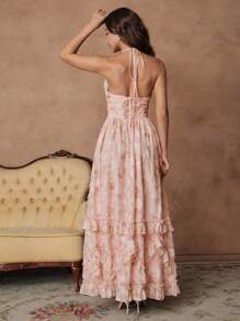 SHEIN Unity 优雅浪漫花卉刺绣长裙，配珍珠链、系带设计和荷叶边下摆，适合度假、约会、百搭、春夏季 - 粉色 - 查看 2