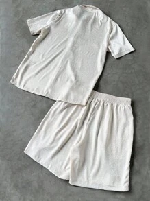 Manfinity Homme Bộ áo sơ mi và quần short jacquard trơn màu thường ngày mùa hè dành cho nam - Màu be - Xem 2