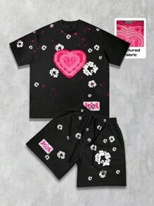 ROMWE MEN Street Life Set de 2 piezas Conjunto bordado de manga corta para hombres, adecuado para uso diario en primavera y verano - Negro - Ver 1