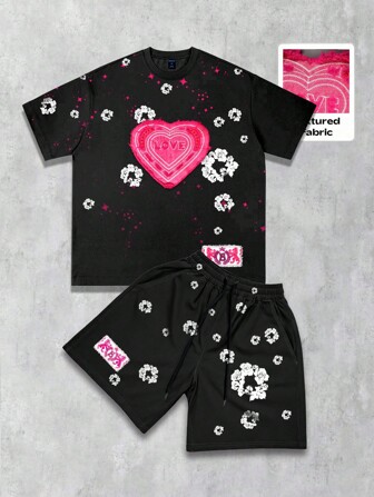 Street Life 2 pezzi set di abbigliamento uomo con maniche corte ricamate, adatto per uso quotidiano in primavera e estate