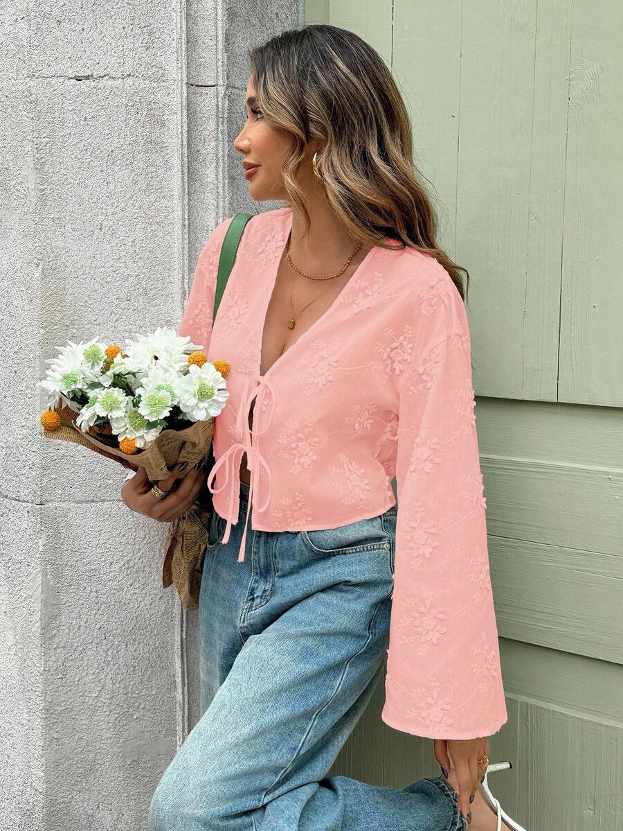 SHEIN Clasi Kemeja Kasual Musim Panas Wanita Warna Polos dengan Bordir Tiga Dimensi dan Ikatan Depan - Dusty Pink - View 1