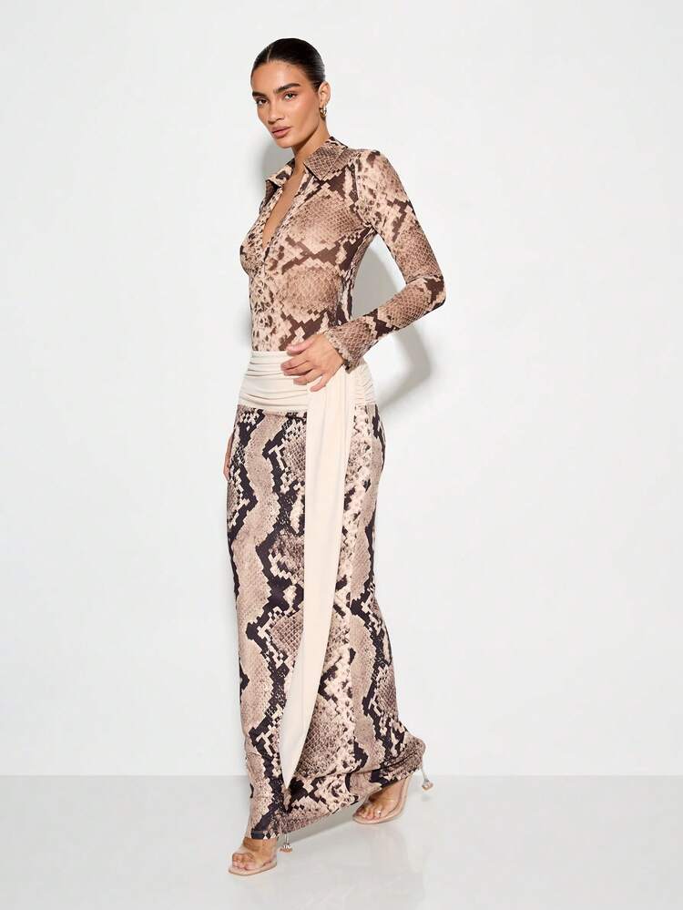 KIZN Snake Print Long Sleeve Two Piece Set Ruched Waistband Maxi Length Evening Party Wedding Guest Fall Winter Occasion Club Outfit