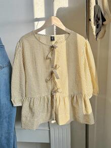 Comfortcana Plus Size Women Casual & Commute Bowknot Tie Front Blouse, Summer,Back To School - Ginger - View 3