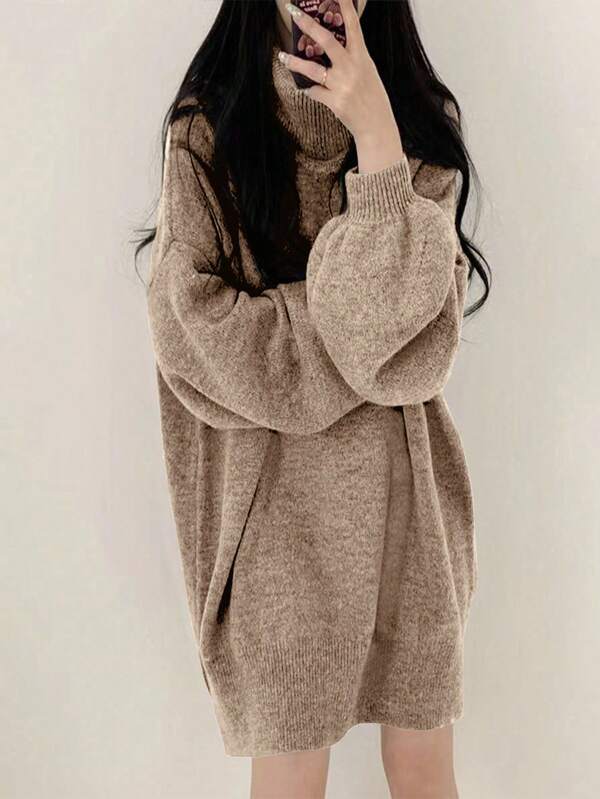 SoleilVie Casual Loose Versatile Long Sleeve High Neck Women Sweater Dress Knitted Sweater Clothes For University Fall Winter Cloth For Women