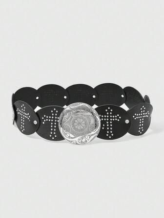 Hippie 1pc Women's Black Studded Cross-Shaped Buckle Waist Belt, Versatile Accessory For Everyday Wear And Halloween