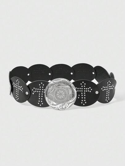 Hippie 1pc Women's Black Studded Cross-Shaped Buckle Waist Belt, Versatile Accessory For Everyday Wear And Halloween