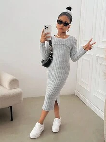 SHEIN 青少年女孩罗纹长袖连衣裙配吊带裙套装，休闲日常时尚百搭服装 - 灰色 - 查看 5