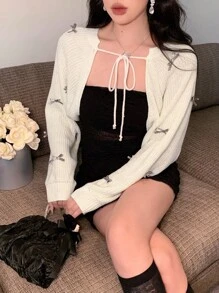 DAZY 女士蝴蝶结装饰系带短款针织开衫，带蝴蝶结，秋冬款 - 白色 - 查看 3