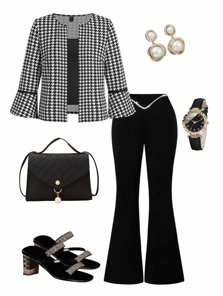 Ellevyn Women's Black & White Houndstooth Long Sleeve Lightweight Jacket, Elegant For Commuting And Versatile Fall/Winter Women Clothes Business Casual Woman Teacher Clothes Business Casual Woman Cardigans