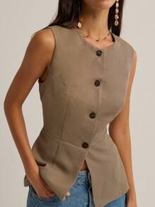 Nöista Casual Plaid Cinched Waist Sleeveless Jacket - Multicolor - View 1