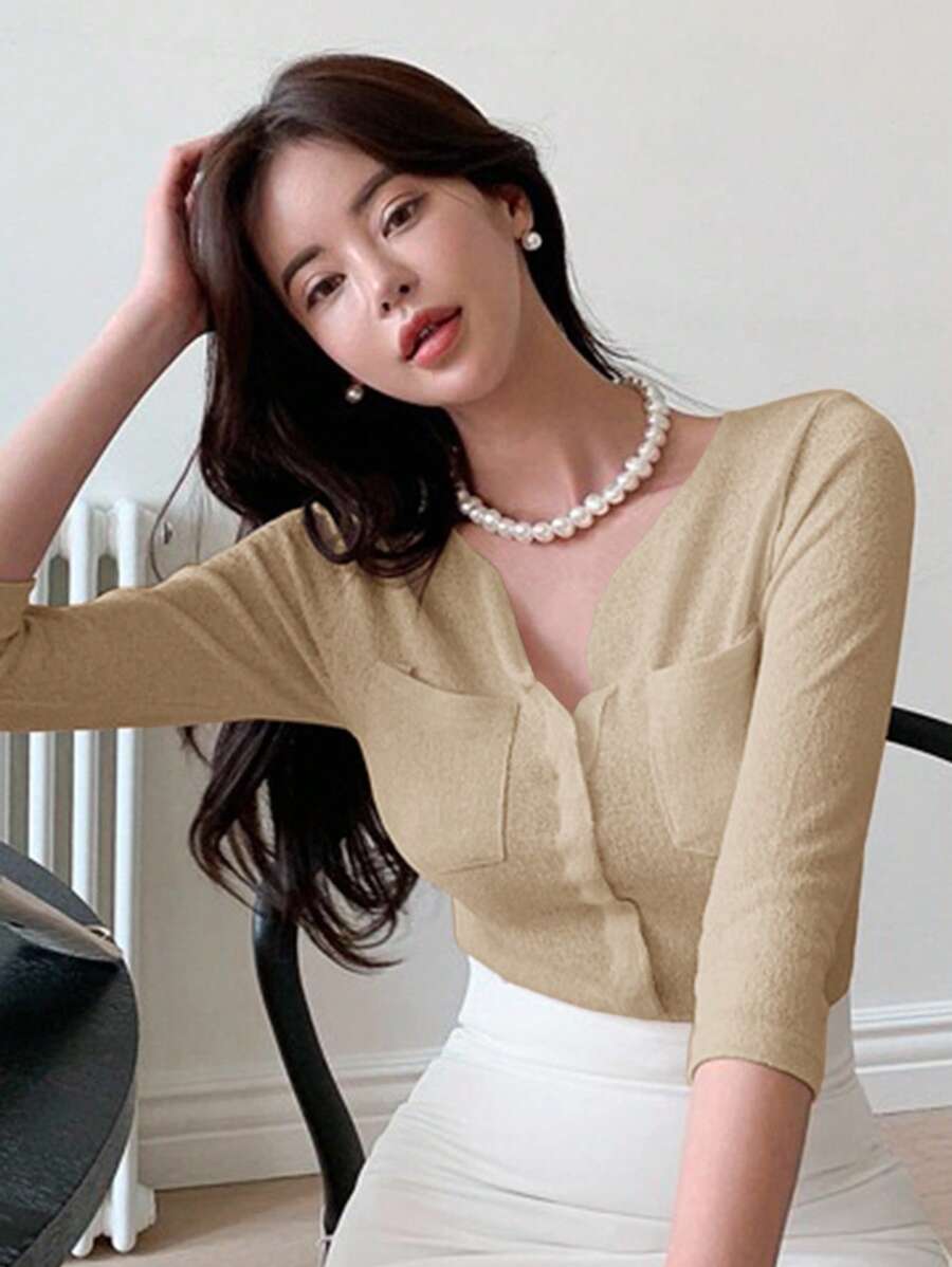 DAZY Cárdigan asimétrico de manga media sexy para mujer