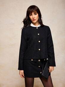 House of One Marled Black Tweed Front Button Long Sleeve Flap Pocket Loose Jacket Women Elegant Fall Women Clothes Old Money Casual Party Fall Outfits Business Professional Women Business Casual Woman