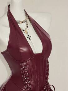 SHEIN ICON Y2k Women's Going Out Goth Burgundy Halter Fashionable Gyaru Concert Women Outfit Club Party Festival Rave Outfit Cross Strap Sexy Fashion Street Goth Style PU Leather Lace-Up Backless Mini Dress - Burgundy - View 7