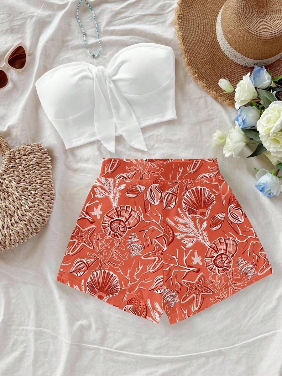 SHEIN WYWH Bộ đồ liền thân họa tiết vỏ sò dễ thương vẽ tay hình vỏ sò màu cam và xanh dương, trang phục 2 món cho nữ, phù hợp cho mùa hè và đi biển - Nhiều màu - Xem 1