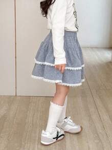 SHEIN 年轻女孩休闲花卉荷叶边下摆针织迷你裙 - 灰色 - 查看 6