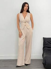 SHEIN Tall 女式纯色简约无袖上衣和裤子套装，休闲套装 - 杏色 - 查看 4
