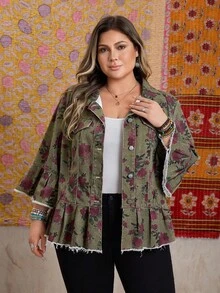 EMERY ROSE Jaket Denim Wanita Ukuran Besar Motif Bunga Lengan Lonceng Hem Berlipit Kancing Tunggal - Olive Green - View 1