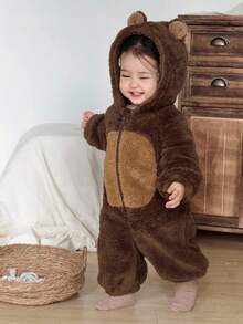 DAZY 女婴卡通撞色长袖连体衣家居服秋冬保暖连帽衫 - 咖啡棕 - 查看 10