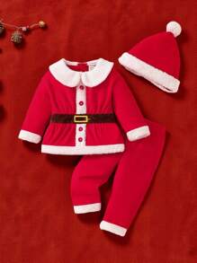 SHEIN 3 件套男婴圣诞主题上衣、裤子和帽子 - 紅色 - 查看 1