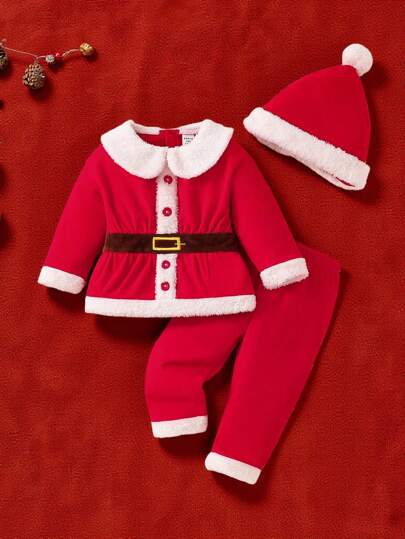 SHEIN Perso Play 3pcs/Set Baby Boys Christmas Themed Top, Pants And Hat