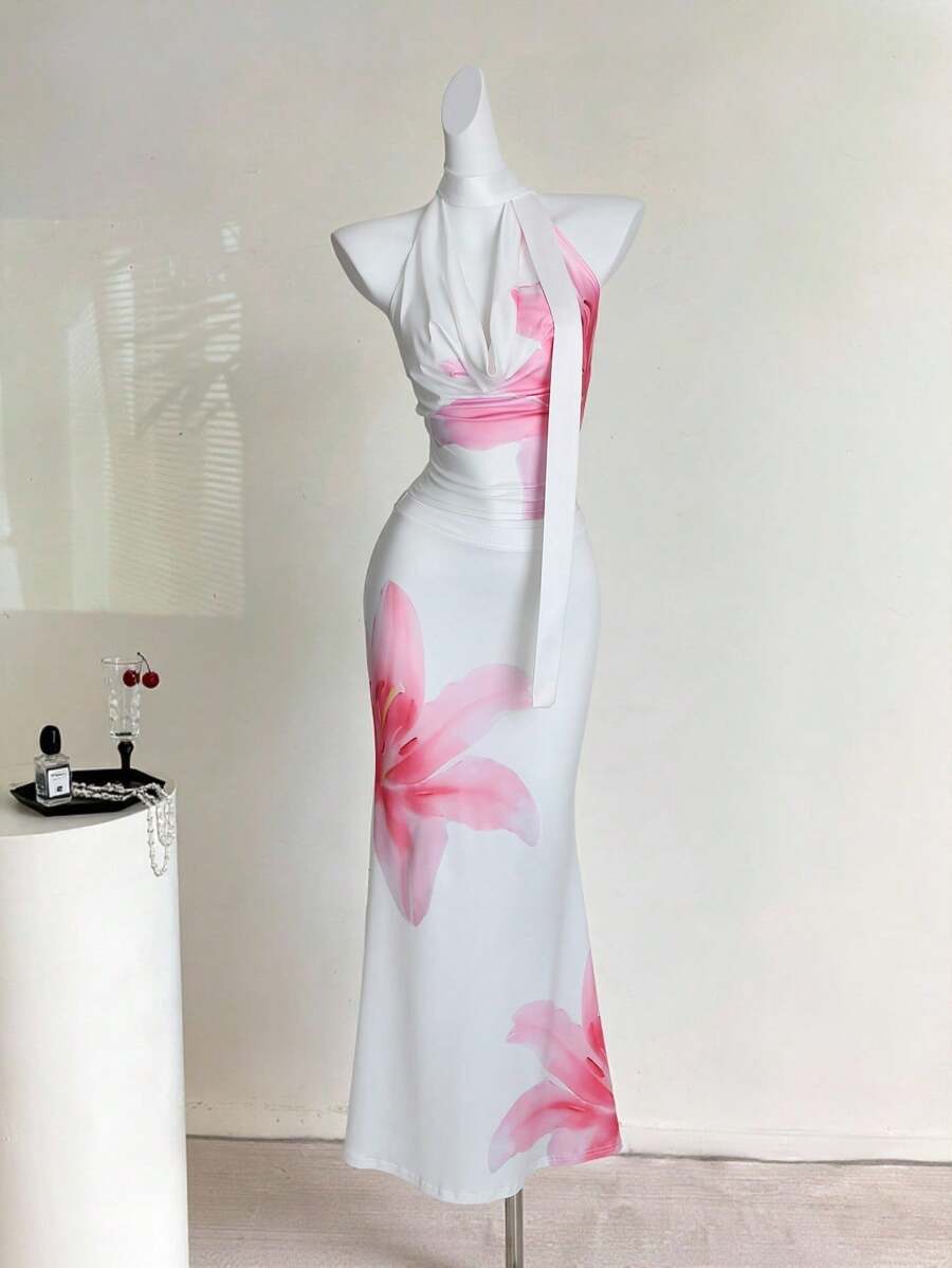 Sweetra 女士热带花卉印花衬衫和修身半裙，春夏款 - 白色 - 查看 1