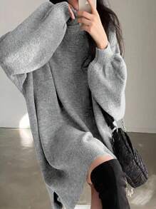 SoleilVie 女士纯色高领落肩长袖休闲宽松针织毛衣连衣裙，适合大学秋季和冬季穿着。
