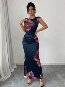 Elenzga Fashion Round Neck Sleeveless Floral Printed Elegant Dress For Women Vacation