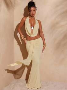 Hauture Conjunto de 2 piezas de top halter con espalda descubierta y falda de cola de pez, para mujer, de verano - Amarillo - Ver 4