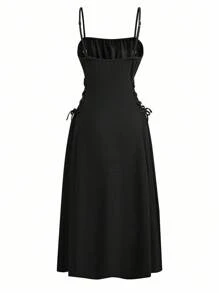 少女黑色褶皱胸围系带侧开衩连衣裙，优雅长款正式吊带背心连衣裙，秋季服装 - 黑色 - 查看 7