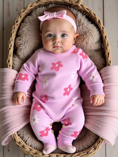 SHEIN 1pc Cute Baby Girls Pink & Purple Floral Decor Long Sleeve Jumpsuit, Fashion Sweet Round Neck Overall Jumpsuit Baby Sweater Jumpsuit Newborn Baby Girl Jumpsuit Baby Clothes Purple Baby Floral Jumpsuit Baby Casual Jumpsuit Fall Baby Girl Clothes Winter Outfit For Baby Girl Autumn Clothes Autumn Clothes  Winter Clothes Baby Autumn Sweater Clothes